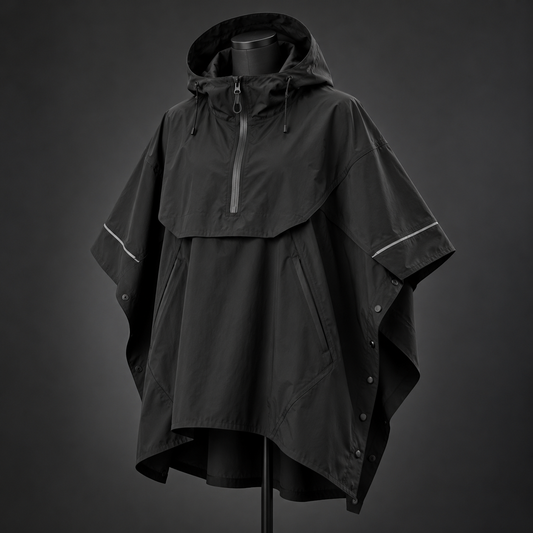 Black hooded techwear poncho jacket with layered cape panel and reflective trim