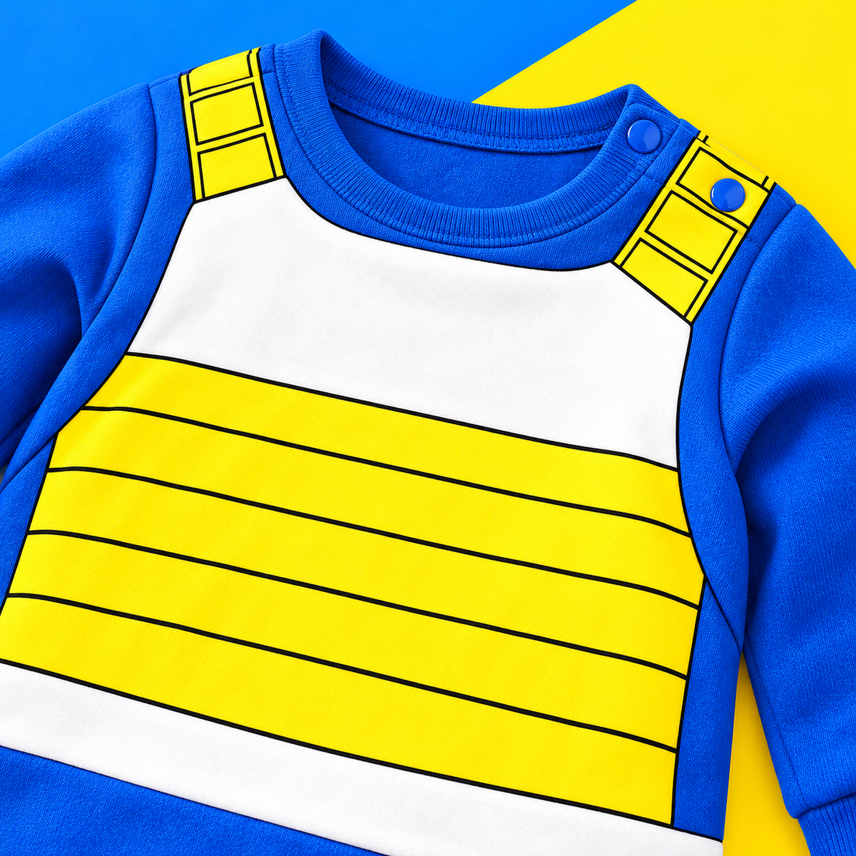 Close-up of blue, yellow and white Saiyan armor print