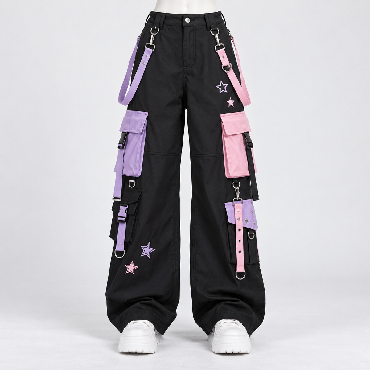 Black Harajuku cargo pants with lavender and pink utility pockets and star patches