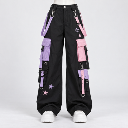Black Harajuku cargo pants with lavender and pink utility pockets and star patches