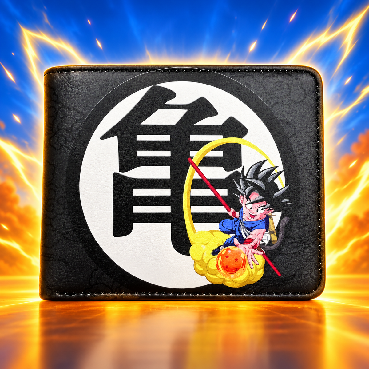 Son Goku Kanji wallet front view with blue and gold Saiyan energy backdrop
