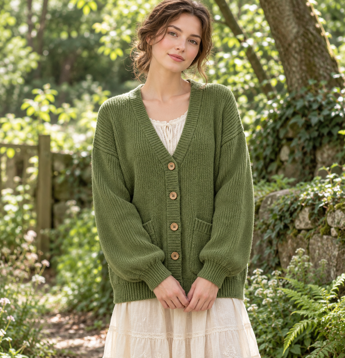 Mori Kei moss cardigan styled over a cream dress
