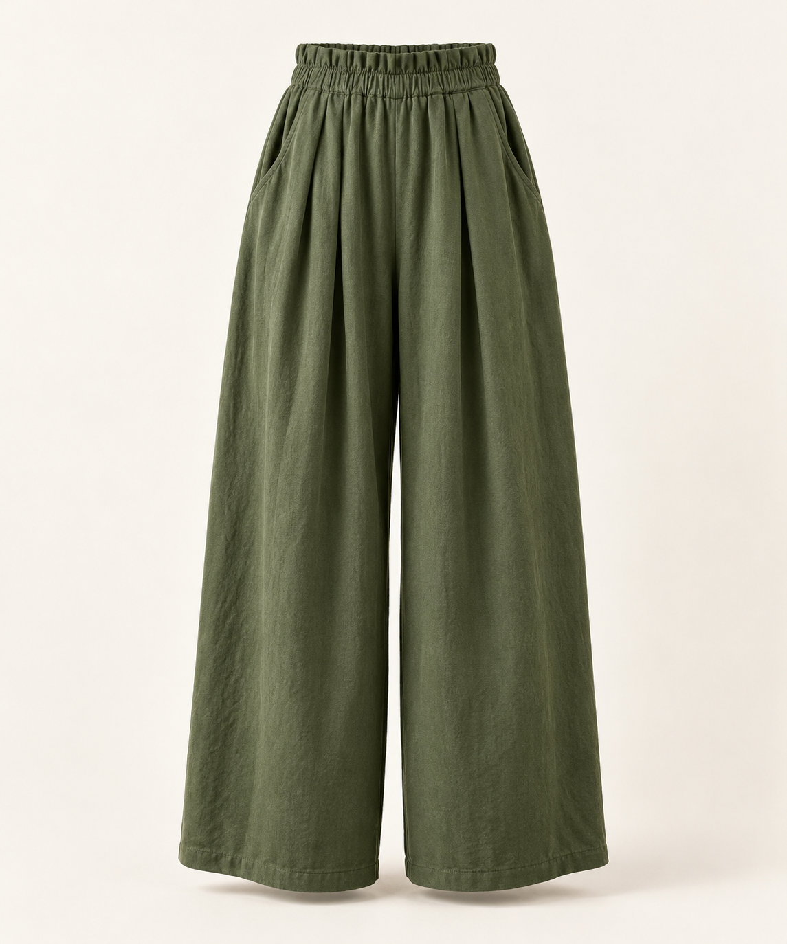 Moss green wide-leg Mori Kei trousers, front view