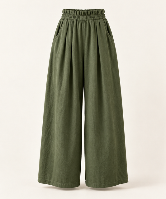 Moss green wide-leg Mori Kei trousers, front view