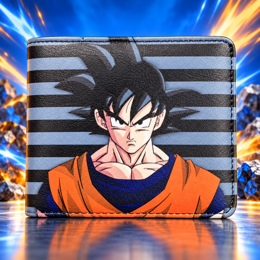 Goku DBZ wallet front on cobalt blue, orange, and silver energy backdrop