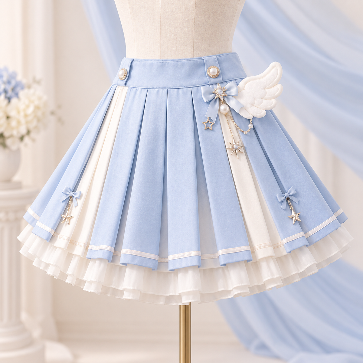 Side view of the pale blue angel wing pleated skirt