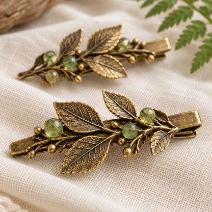 Close detail of leaf-shaped Mori Kei hair clips