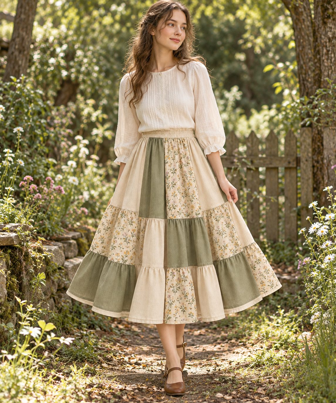 Mori Kei patchwork skirt styled with a cream blouse in a garden