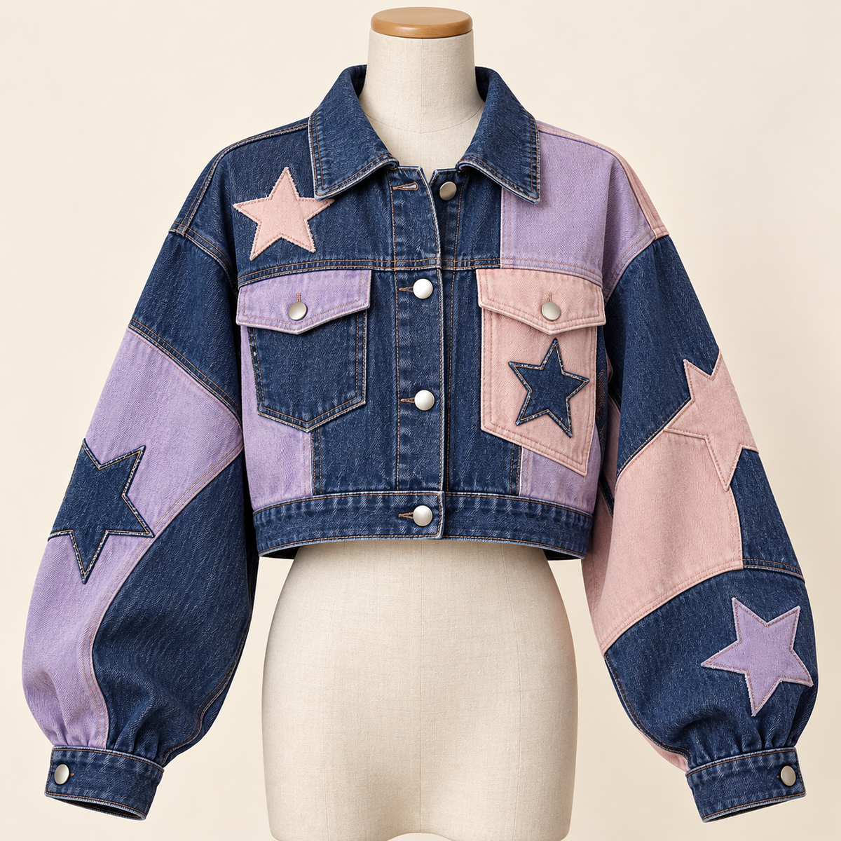 Cropped Harajuku patchwork jacket in indigo with lavender and blush panels