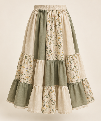 Cream and sage Mori Kei patchwork midi skirt, front view