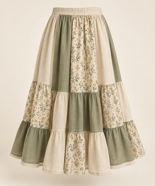 Cream and sage Mori Kei patchwork midi skirt, front view