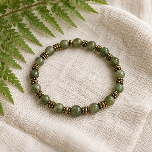 Mori Kei moss-green beaded bracelet with antique-inspired spacers