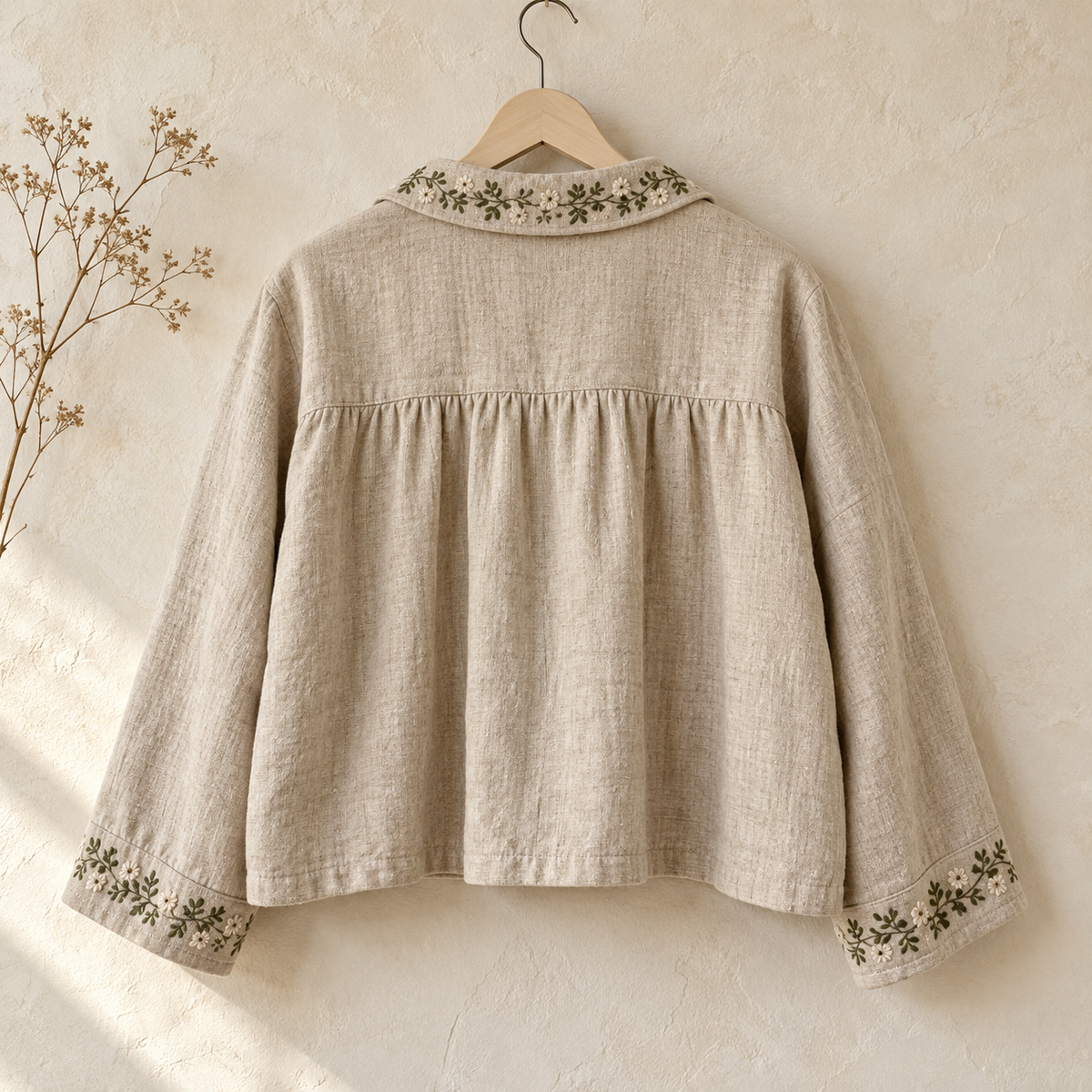 Mori Kei oatmeal jacket with floral embroidery, back view