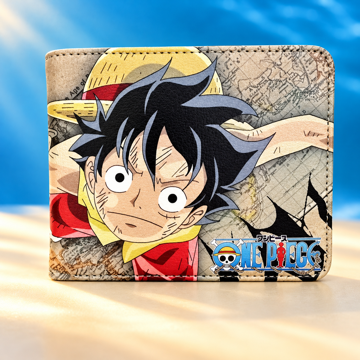 Luffy Crew wallet straight-on front with map print and One Piece logo