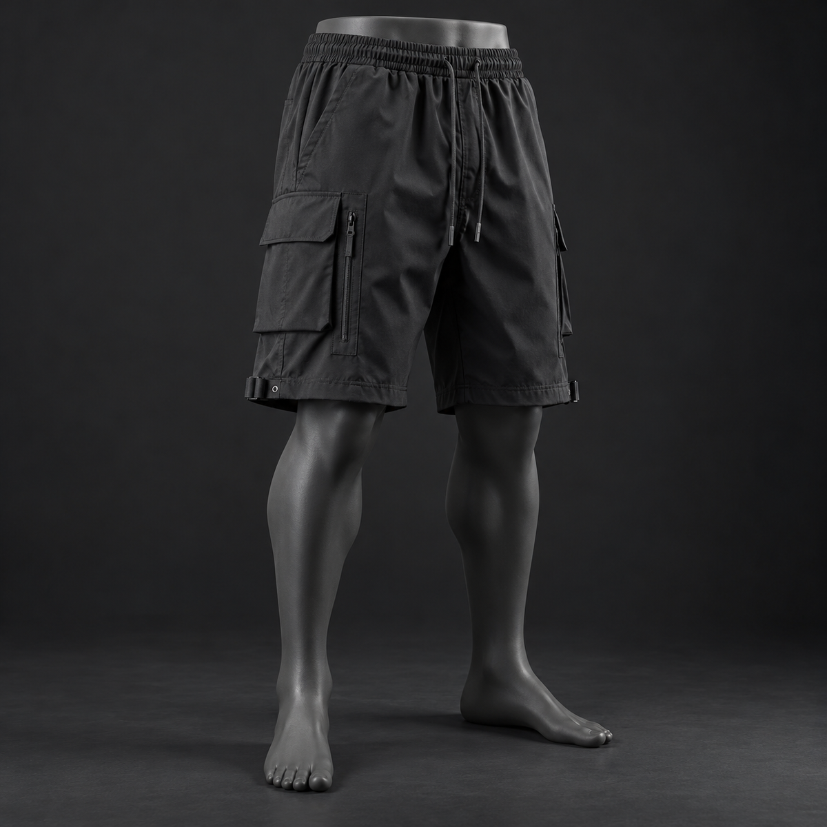 Black techwear cargo shorts with drawcord waist and zip pocket