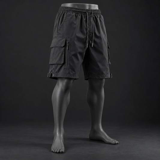 Black techwear cargo shorts with drawcord waist and zip pocket