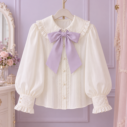 Ivory Tenshi Kawaii blouse with lavender collar bow and wing embroidered cuffs