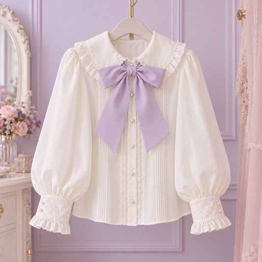 Ivory Tenshi Kawaii blouse with lavender collar bow and wing embroidered cuffs