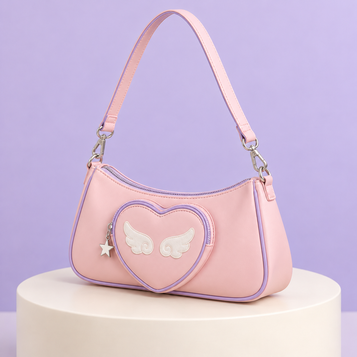 Side view of the pink winged heart shoulder bag with its strap