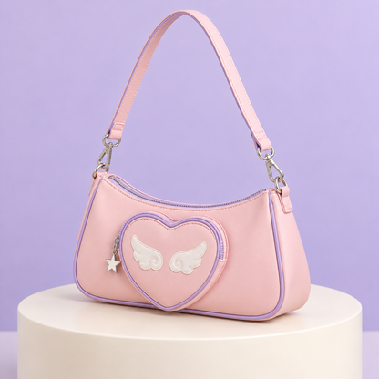 Side view of the pink winged heart shoulder bag with its strap