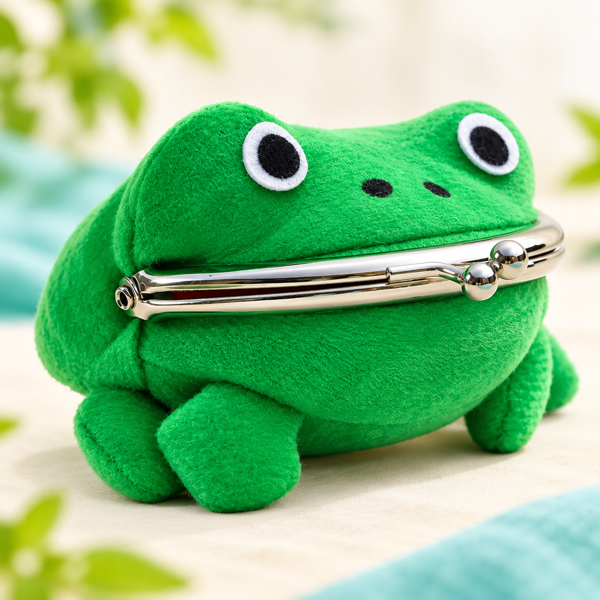 Three-quarter view of the closed Gama-Chan frog coin purse showing its plush texture and frog feet