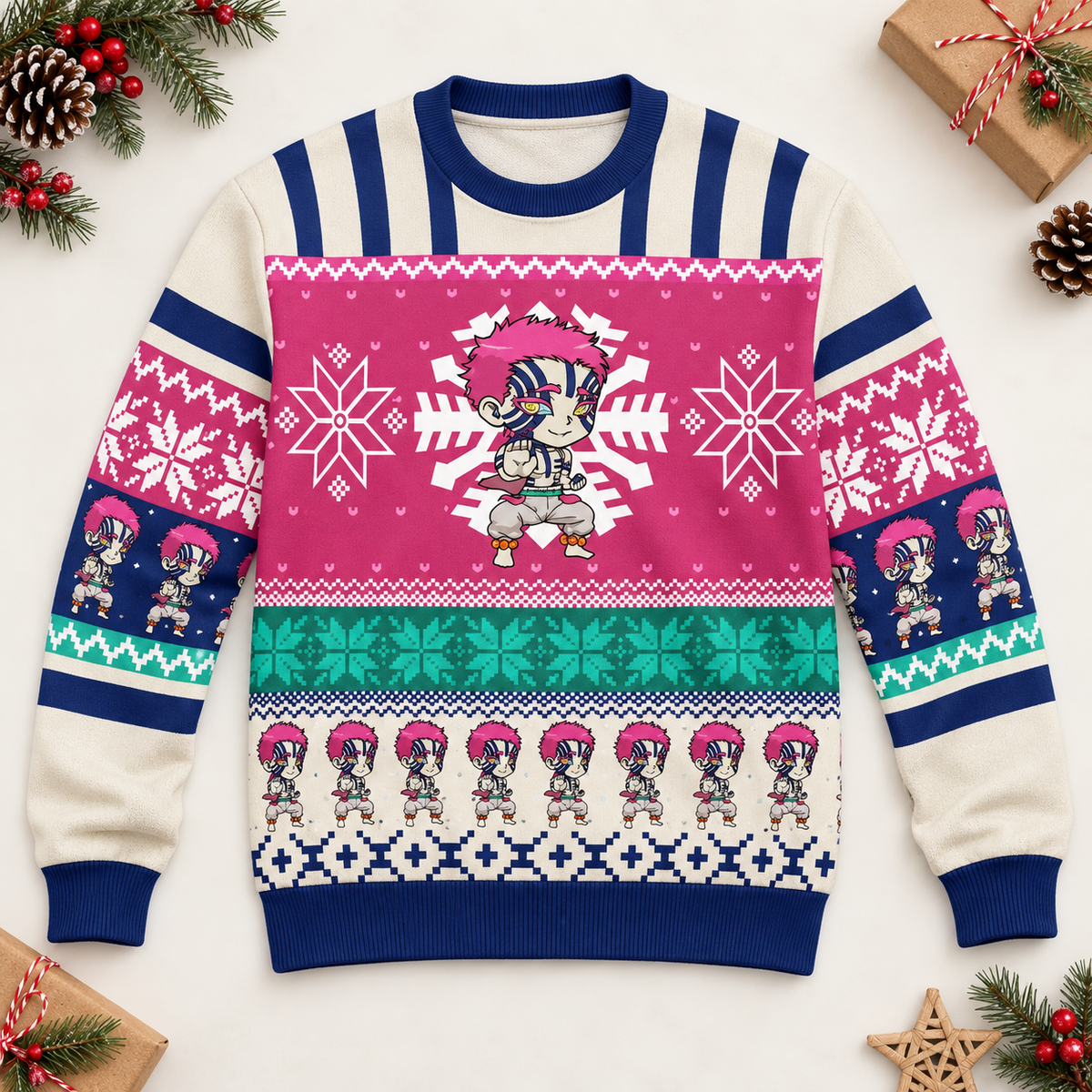 Flat-lay view of the Akaza holiday sweater with magenta and teal graphic bands