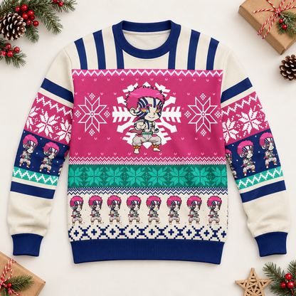 Flat-lay view of the Akaza holiday sweater with magenta and teal graphic bands
