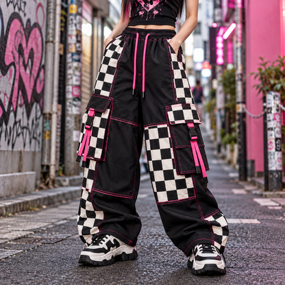 Checkerboard Harajuku cargo pants styled with a black top and sneakers