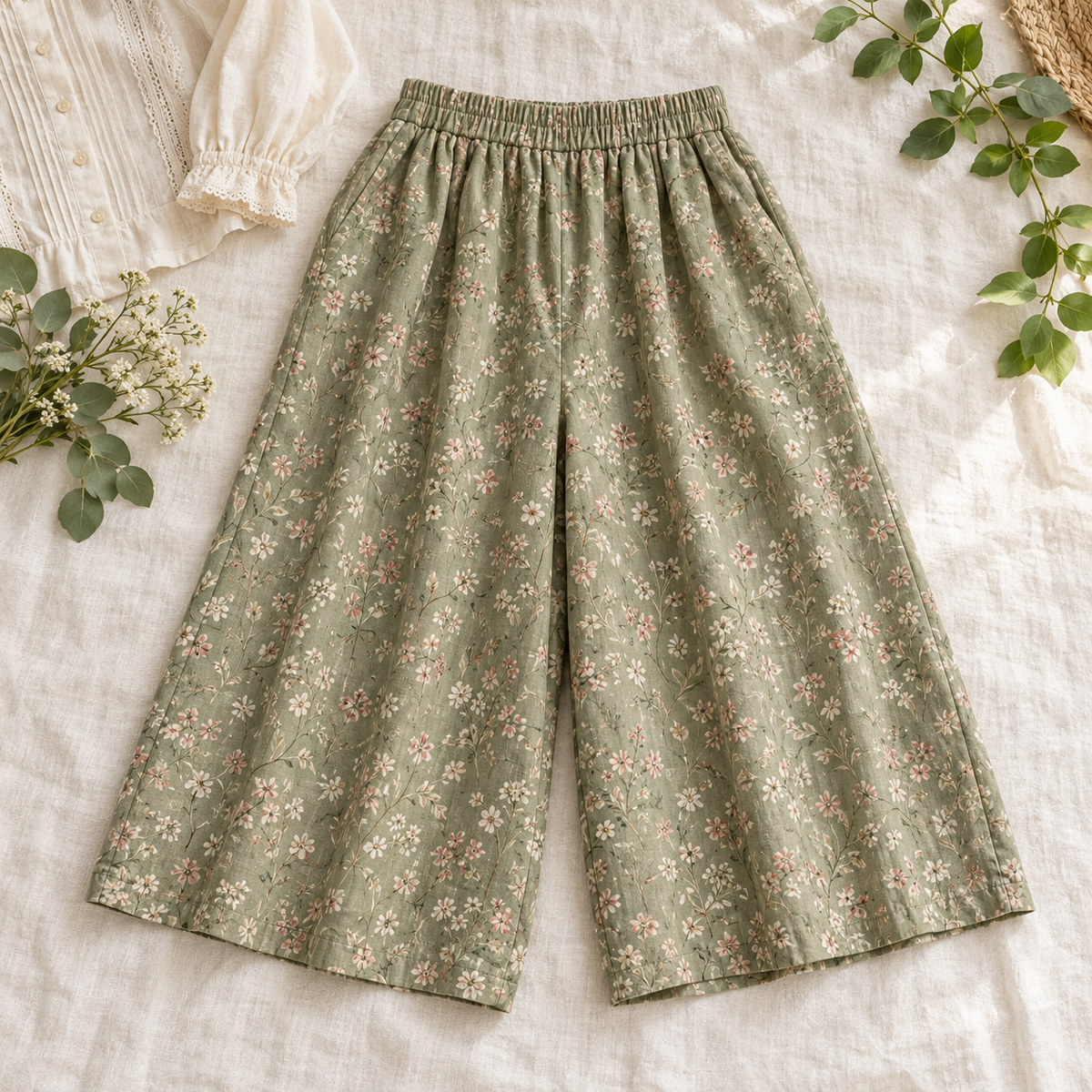 Sage Mori Kei floral culottes with a wide-leg cropped silhouette