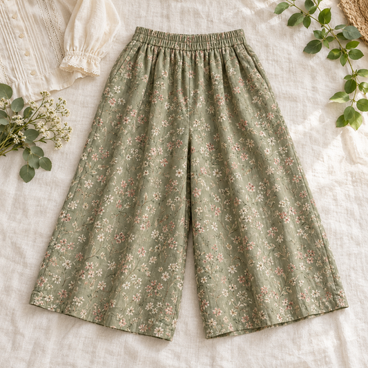 Sage Mori Kei floral culottes with a wide-leg cropped silhouette