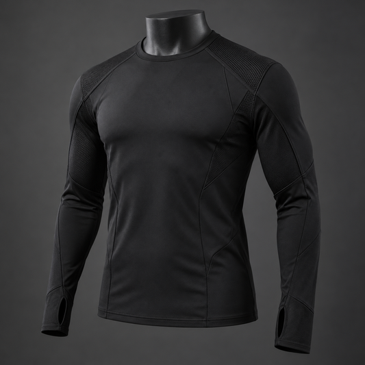 Black techwear long sleeve top with mesh shoulder panels and thumbhole cuffs