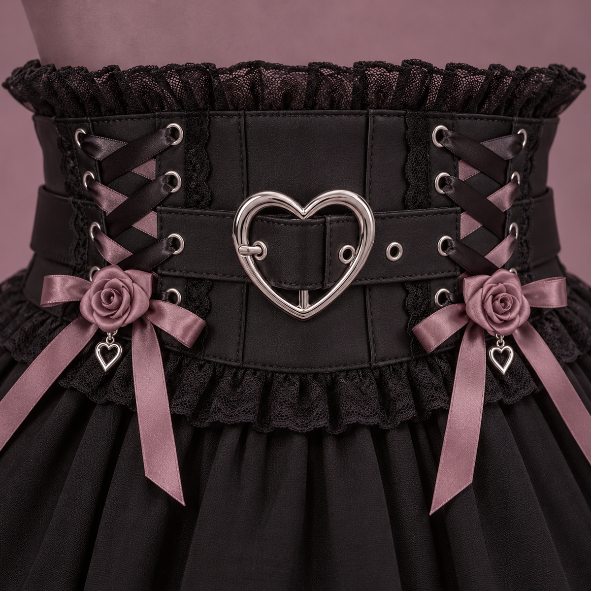 Close-up of black lace waist belt with heart buckle and dusty rose bows