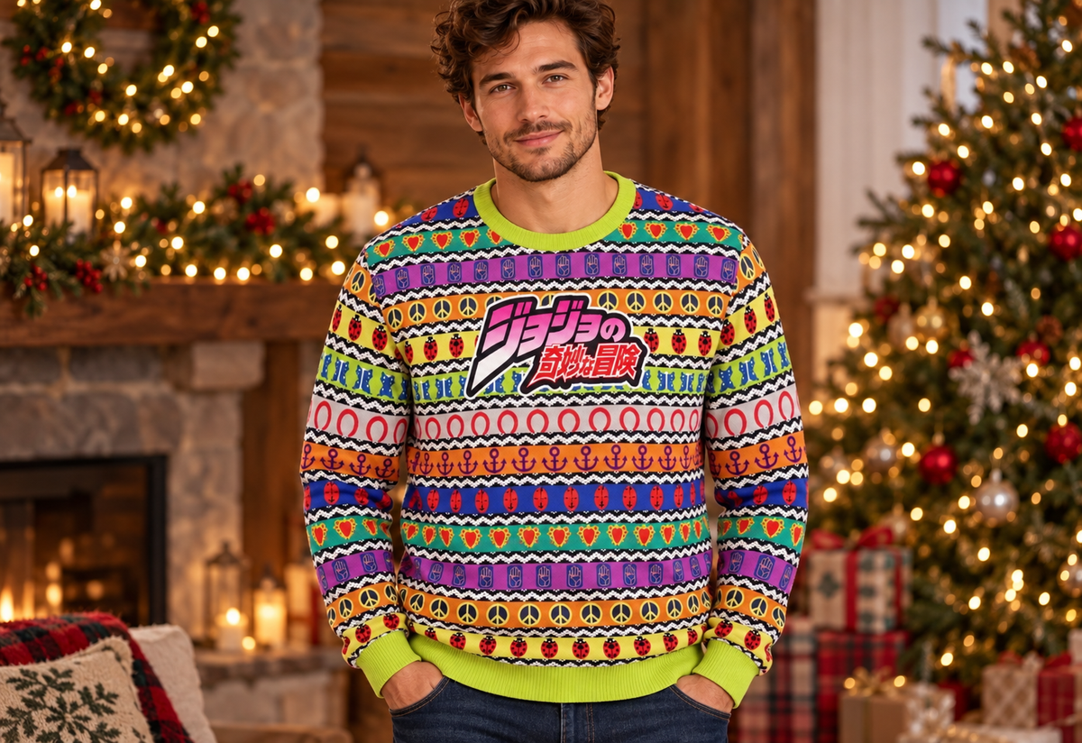 JJBA sweater worn in a professional holiday studio photoshoot