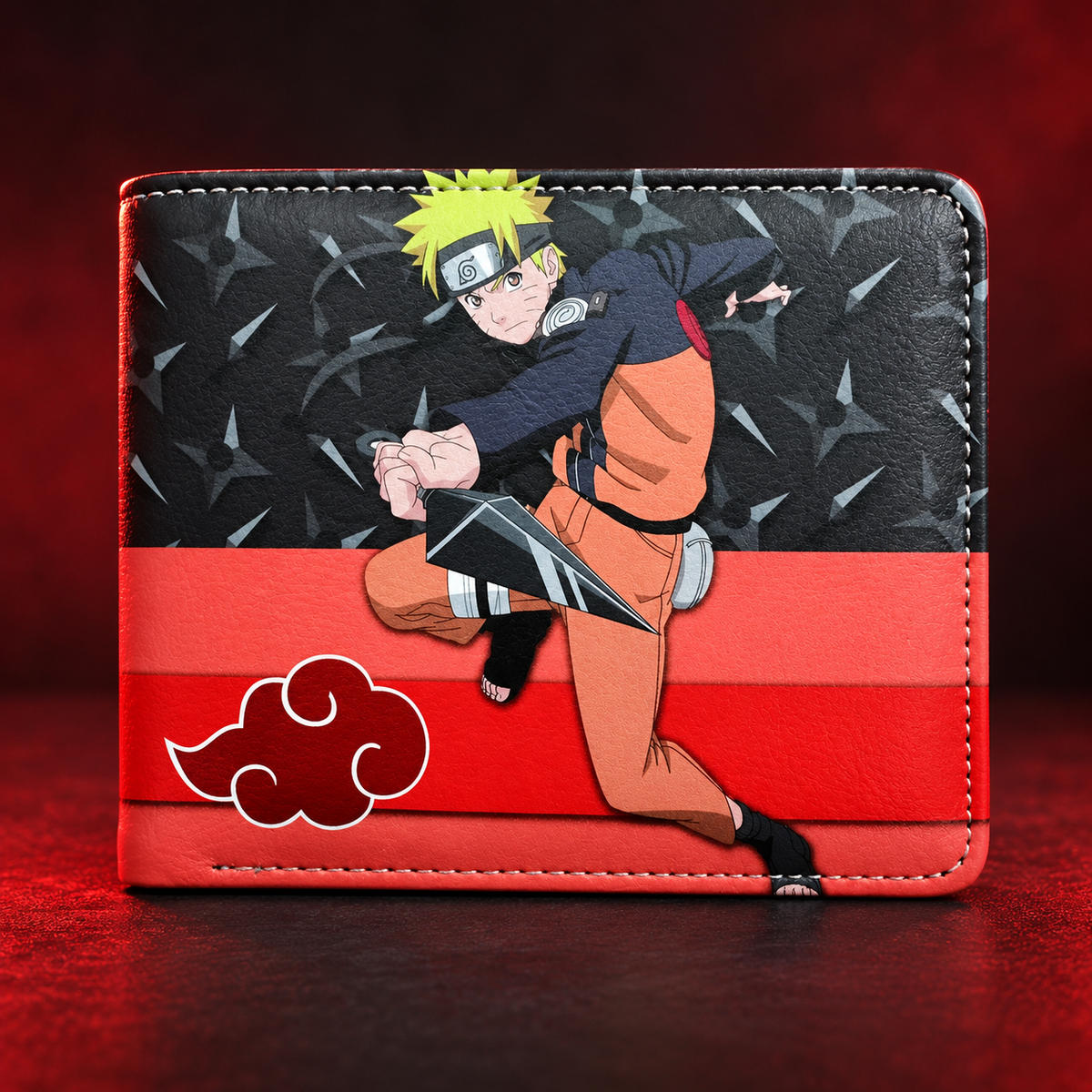 Akatsuki Naruto wallet front view with red bands and gray shuriken pattern