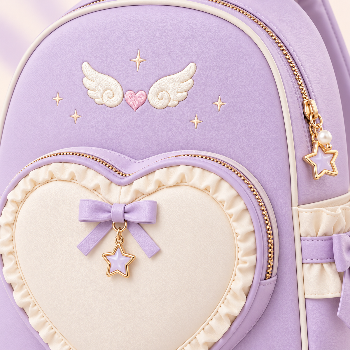 Close-up of the angel wing emblem and star charm on the backpack