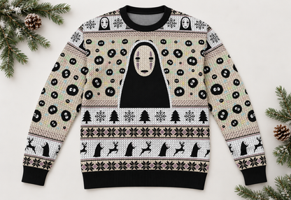 No Face sweater arranged in a professional holiday flat lay