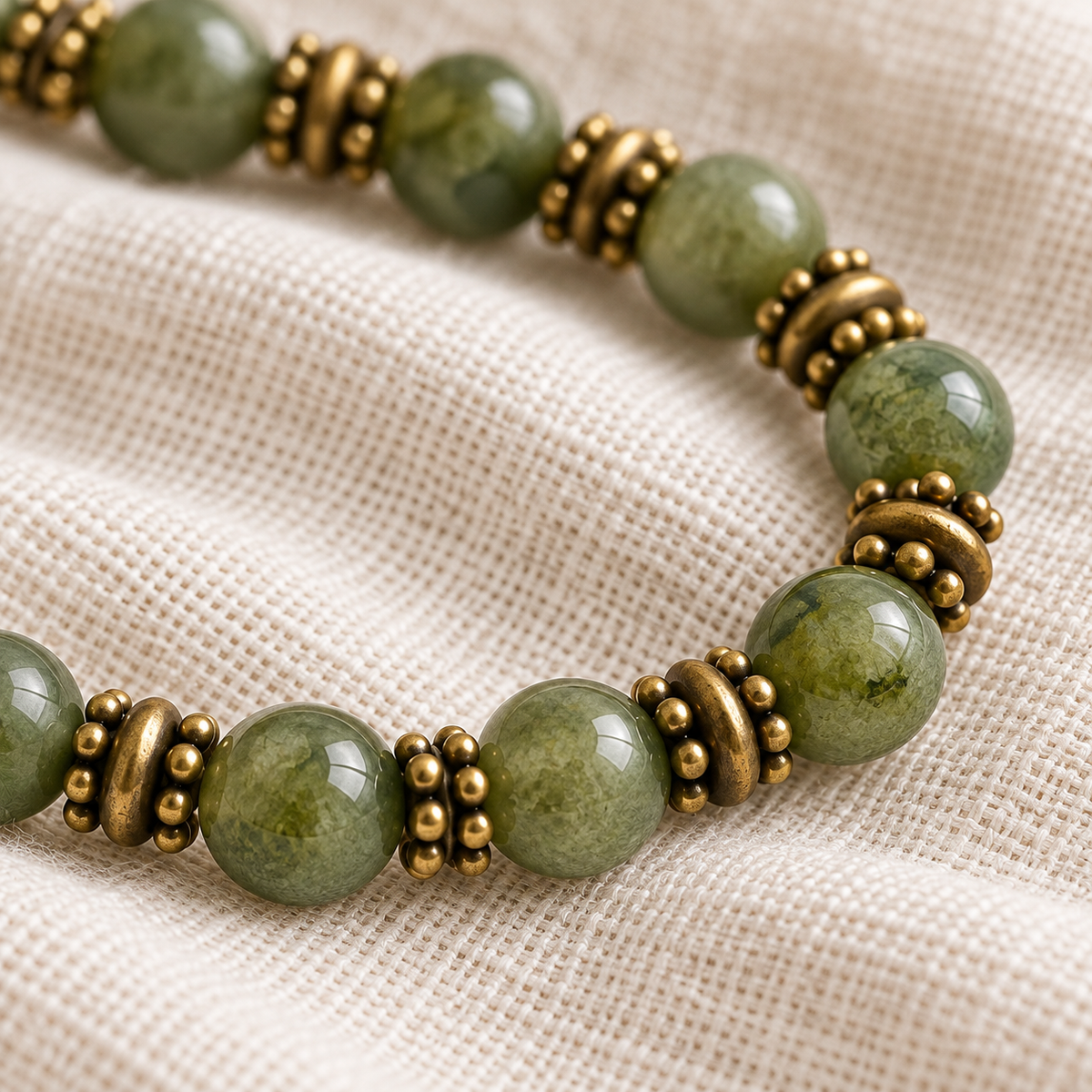 Close detail of the moss-green Mori Kei bracelet beads and spacers