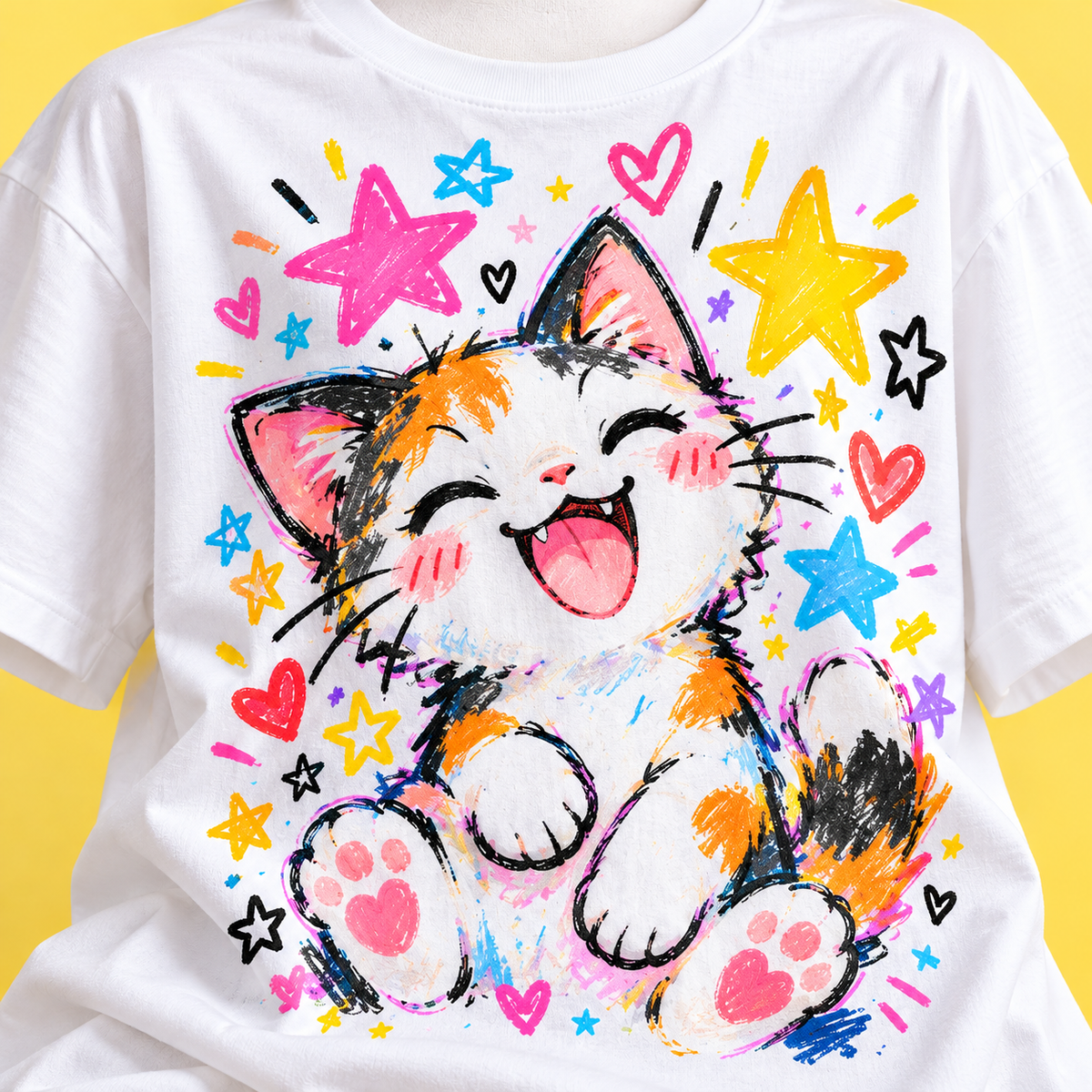 Close-up of colorful cat graphic on white Harajuku T-shirt