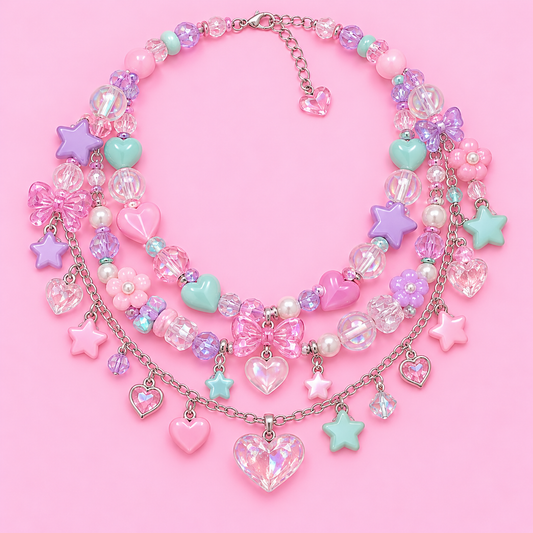Layered Harajuku necklace with pastel beads, heart charms, and stars