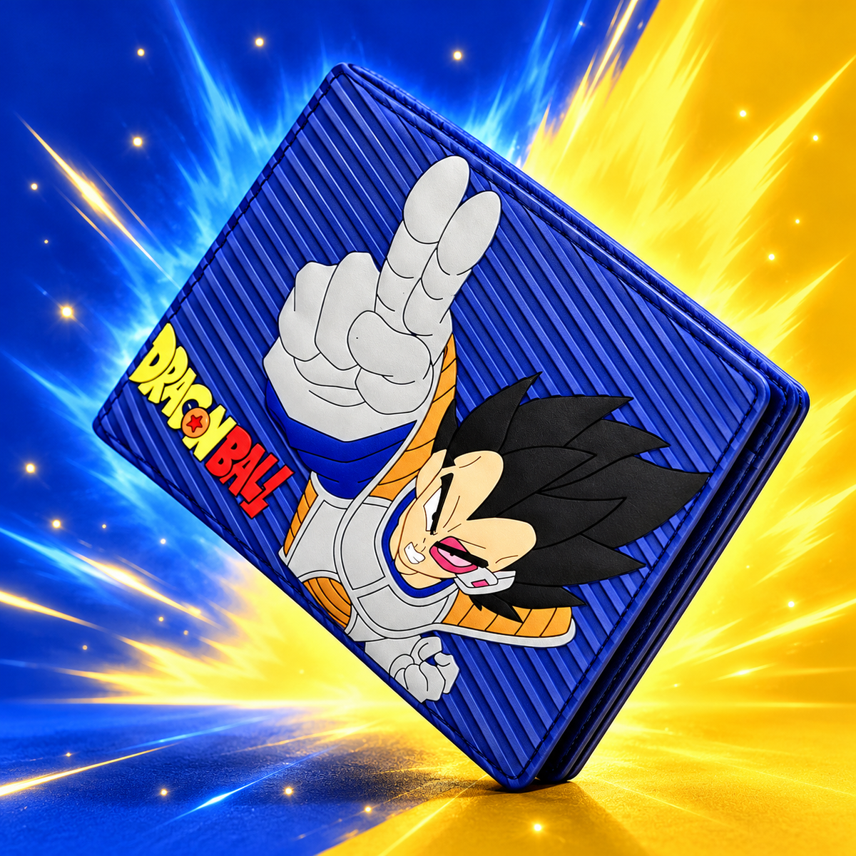 Angled closed Vegeta Dragon Ball wallet showing the ribbed edge