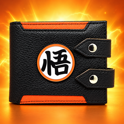 Super Saiyan Wallet front view, black and orange with white kanji emblem