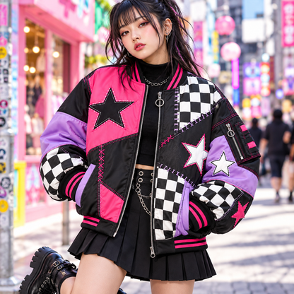 Harajuku patchwork bomber jacket styled with a black pleated skirt