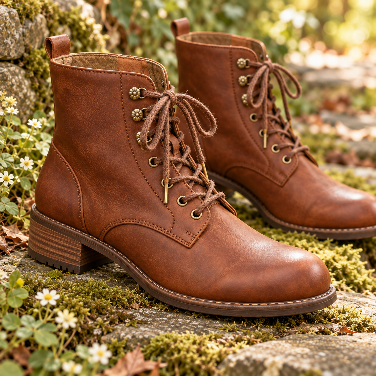 Close-up of chestnut lace-up Mori Kei ankle boots and antique-style eyelets