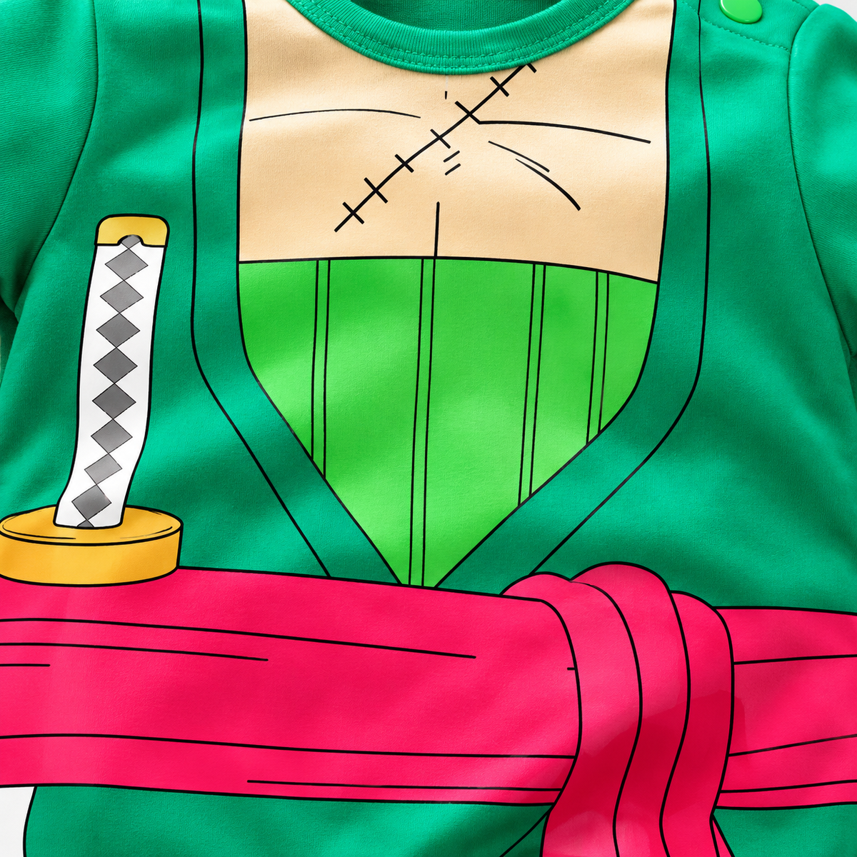 Close-up of cream scar print, pink sash, and sword graphic