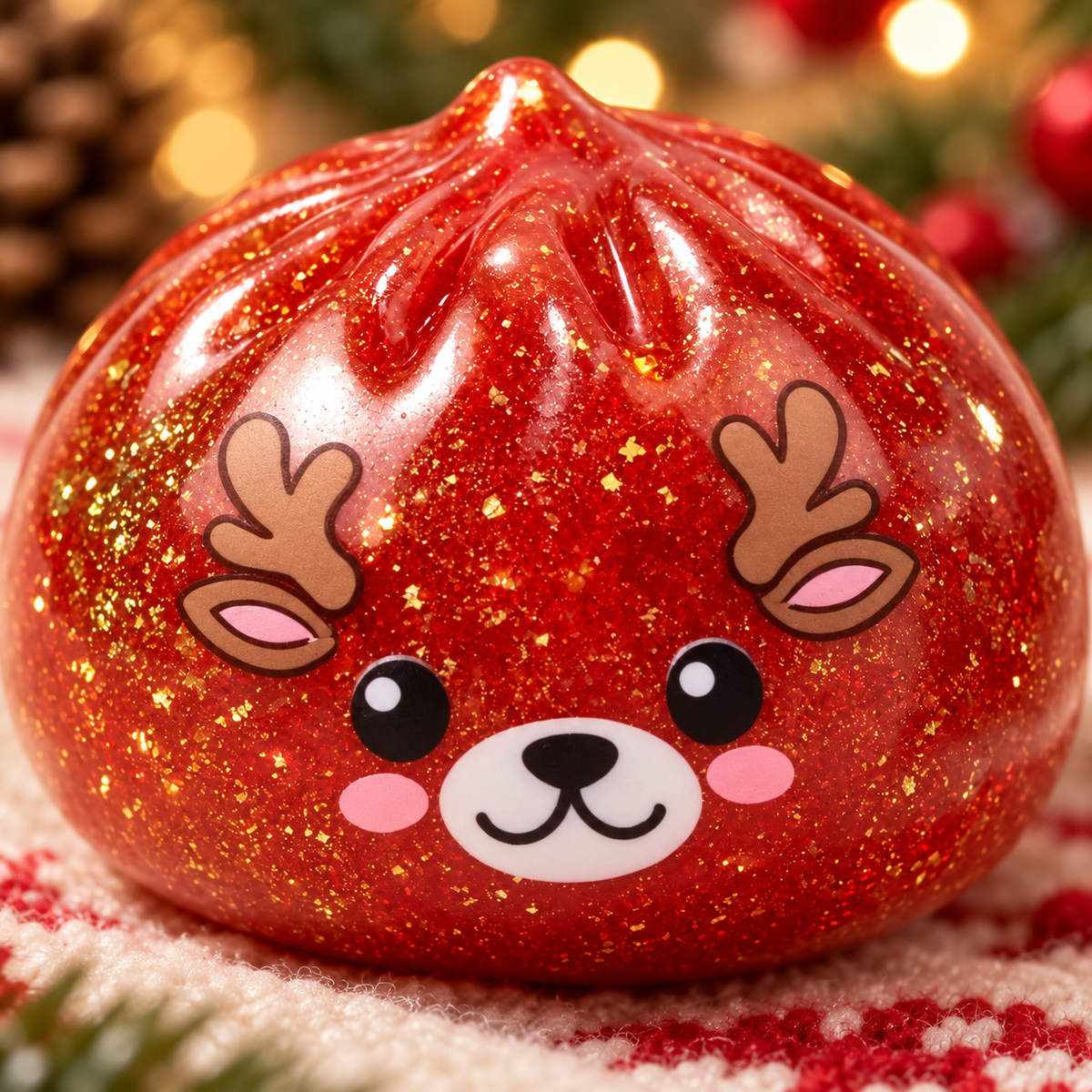 Close-up of the reindeer's glittery surface, antlers, and face