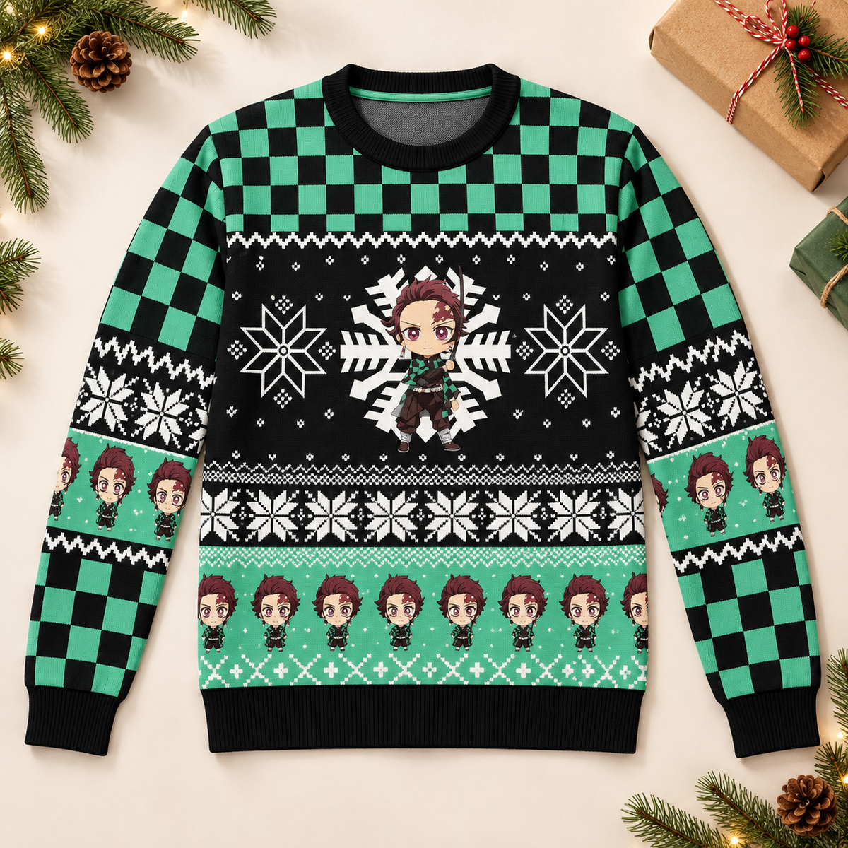 Tanjiro Christmas sweater styled flat lay product photo