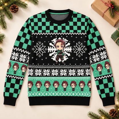 Tanjiro Christmas sweater styled flat lay product photo