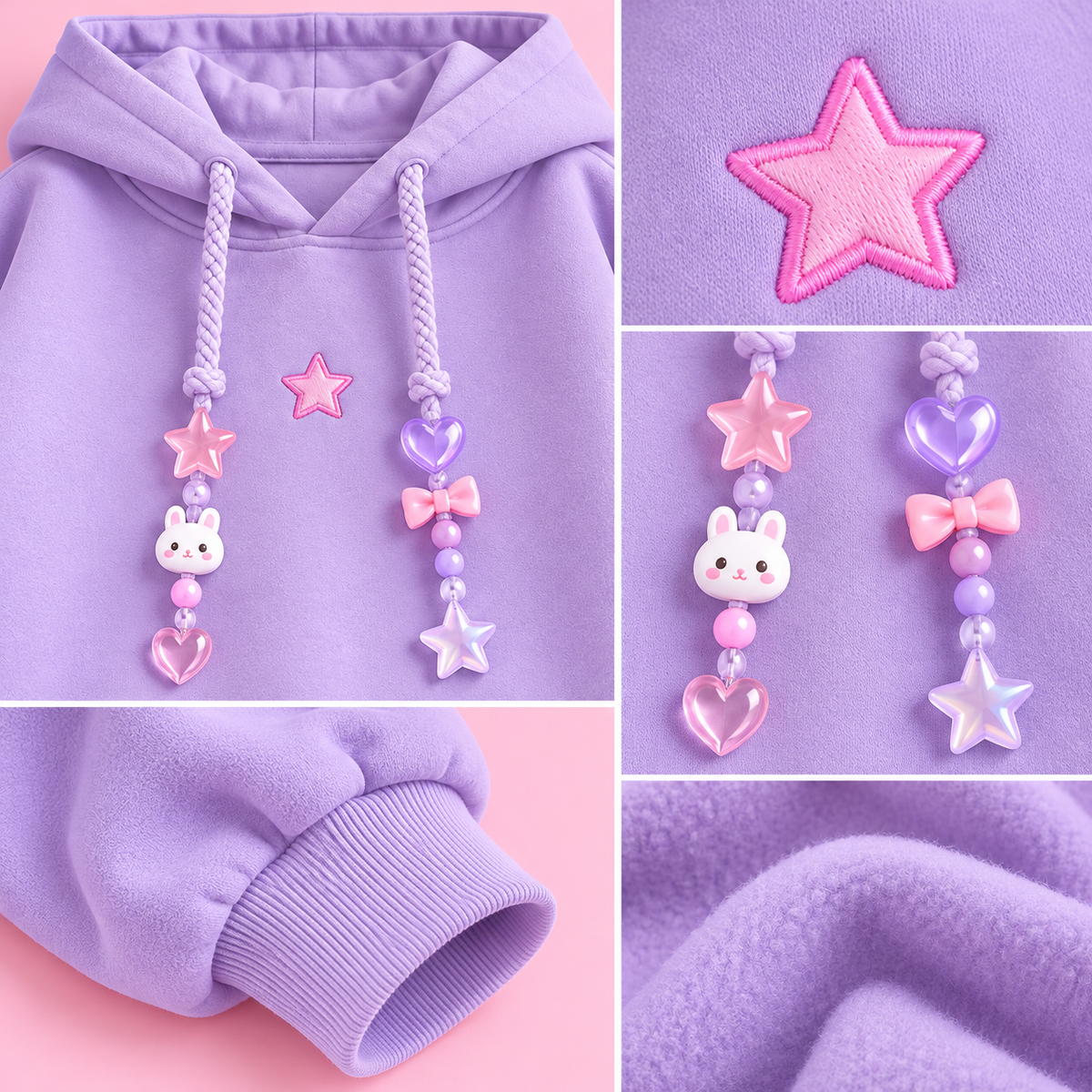 Detail of pastel charms and embroidered star on lavender Harajuku hoodie