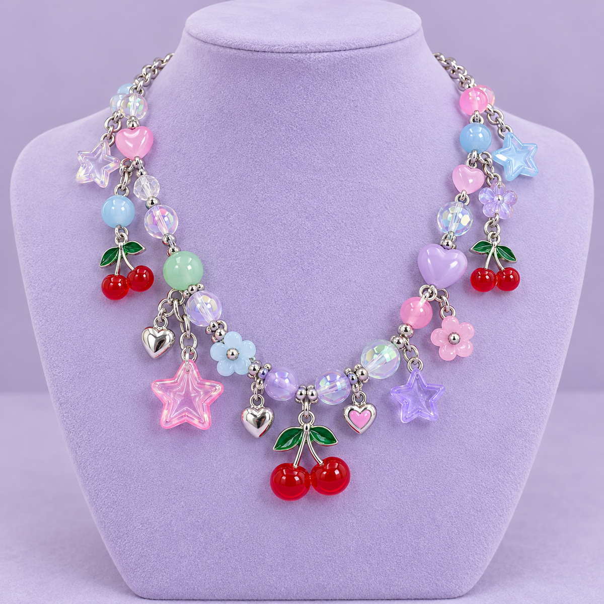 Pastel Harajuku beaded necklace with cherry, star, and heart charms