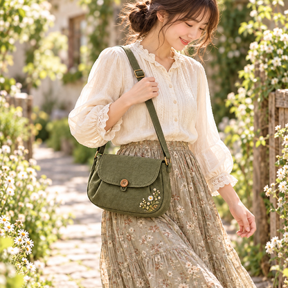Olive-green Mori Kei crossbody satchel worn with a cream blouse and floral skirt